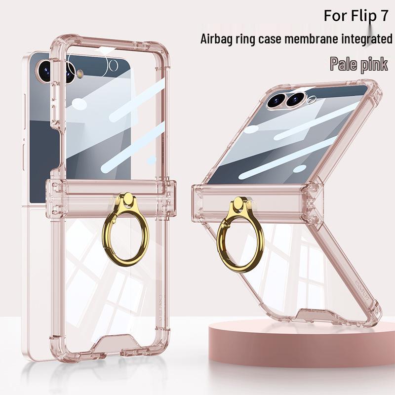 Samsung zFlip7 Hinge Protective Case: Transparent Airbag Full Coverage with Finger Ring Buckle