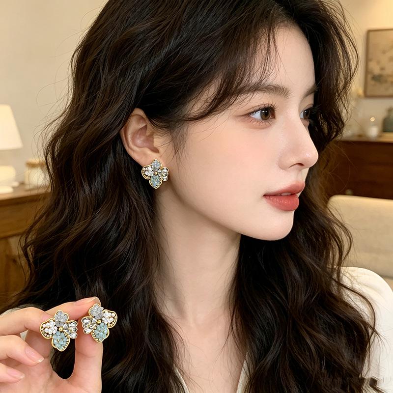 Elegant French Crystal Pearl Flower Earrings - Handmade Luxury Studs for Women