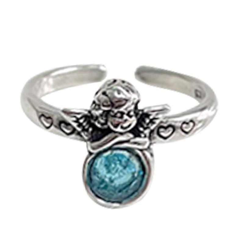 Lan Zhi Women's 925 Sterling Silver Angel Wings Open Ring - Niche Retro Design, Tarnish-Resistant.