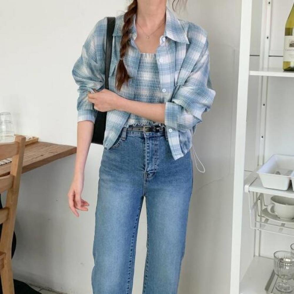 New Arrivals Open Run Smocking String Tank Tube Crop Two Piece Check Shirt