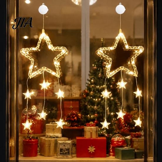 New Year Festive Atmosphere Light LED Christmas Window Star Decoration, Battery Operated Hanging Warm Indoor Outdoor Decorations Lighted Shaped