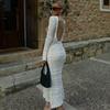 Womens Long Sleeve Crochet Knit Midi Dress With Back Tie Detail High Waist Slim Fit Office Casual Wear