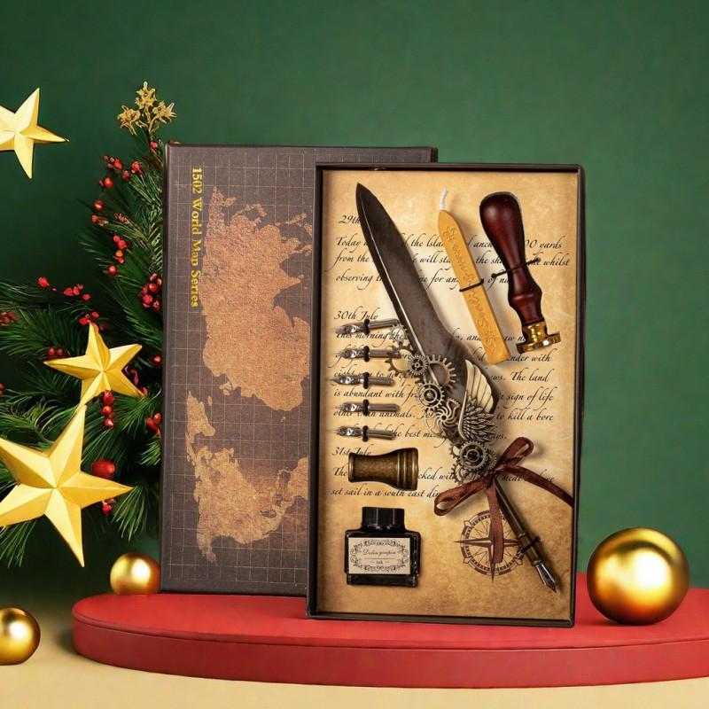 Vintage Map Feather Dip Pen Set Brass Base Wax Seal Stamp Gift Box Holiday Birthday