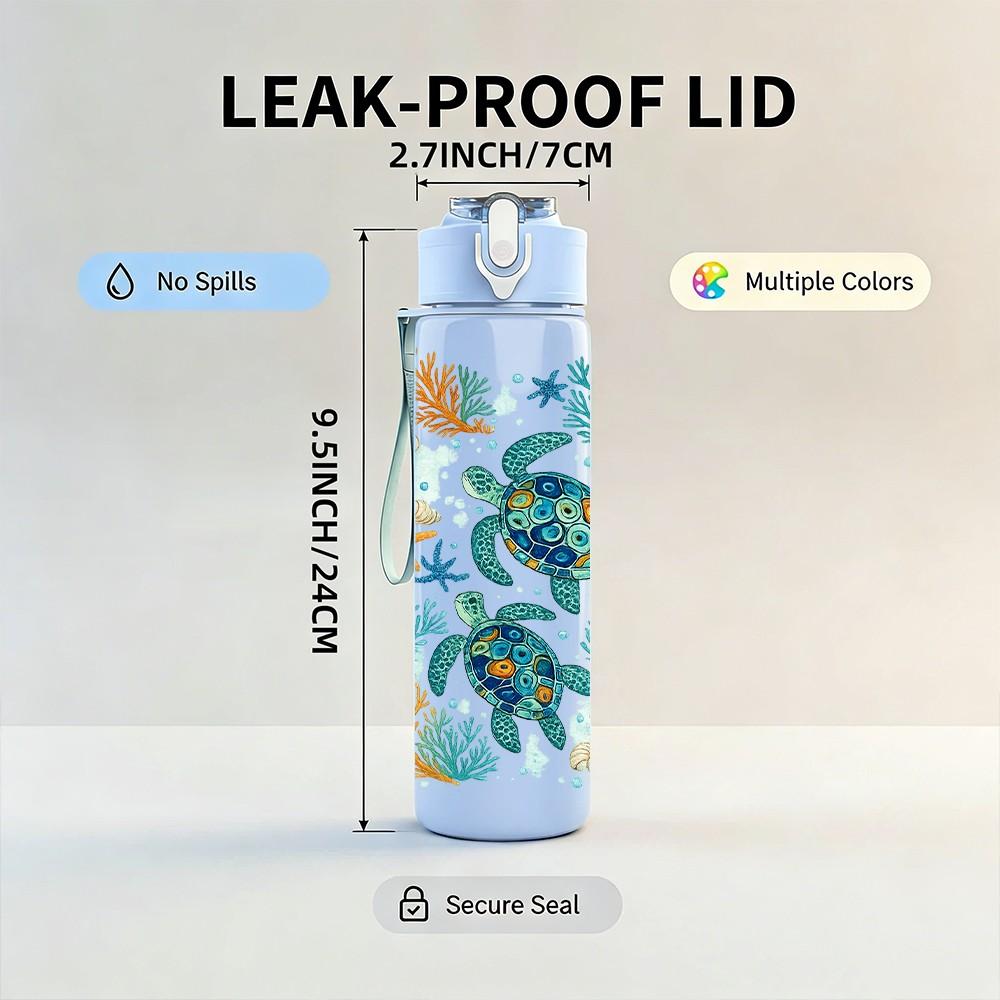 1PC Sea Turtle Underwater Ocean Pattern Print 750ml Color Plastic Sports Water Bottle Leakproof Flip Straw Lid Suitable for Sports Office Home Use