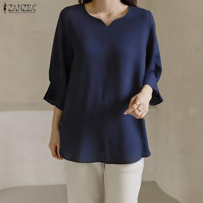 Women Casual V-Neck Solid Color Loose 3/4 Sleeve Blouse