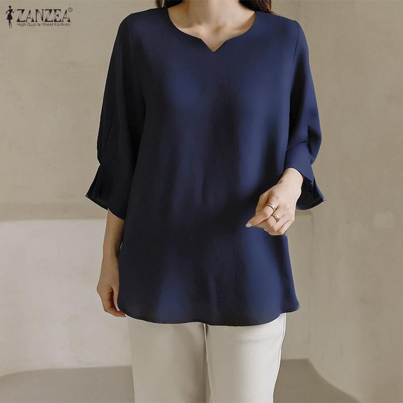 ZANZEA Women Casual V-Neck Solid Color Loose 3/4 Sleeve Blouse