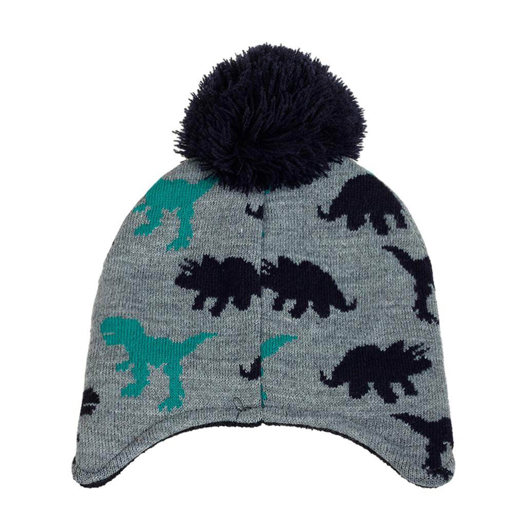 Toddler Knit Beanie Hat with Dinosaur Jacquard Pattern Earflap Design Pom Pom Top Kids Winter Warm Soft Stretchy Hat for Boys Girls