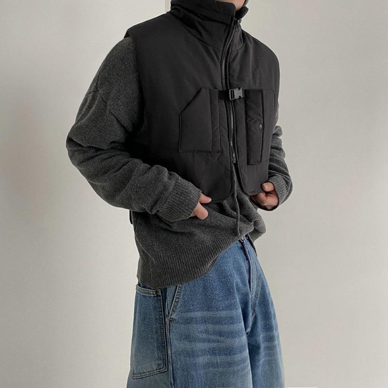 

Дизайнерский рабочий жилет с воротником-стойкой, мужской зимний новый свободный повседневный жилет в корейском стиле 2XL чёрный
