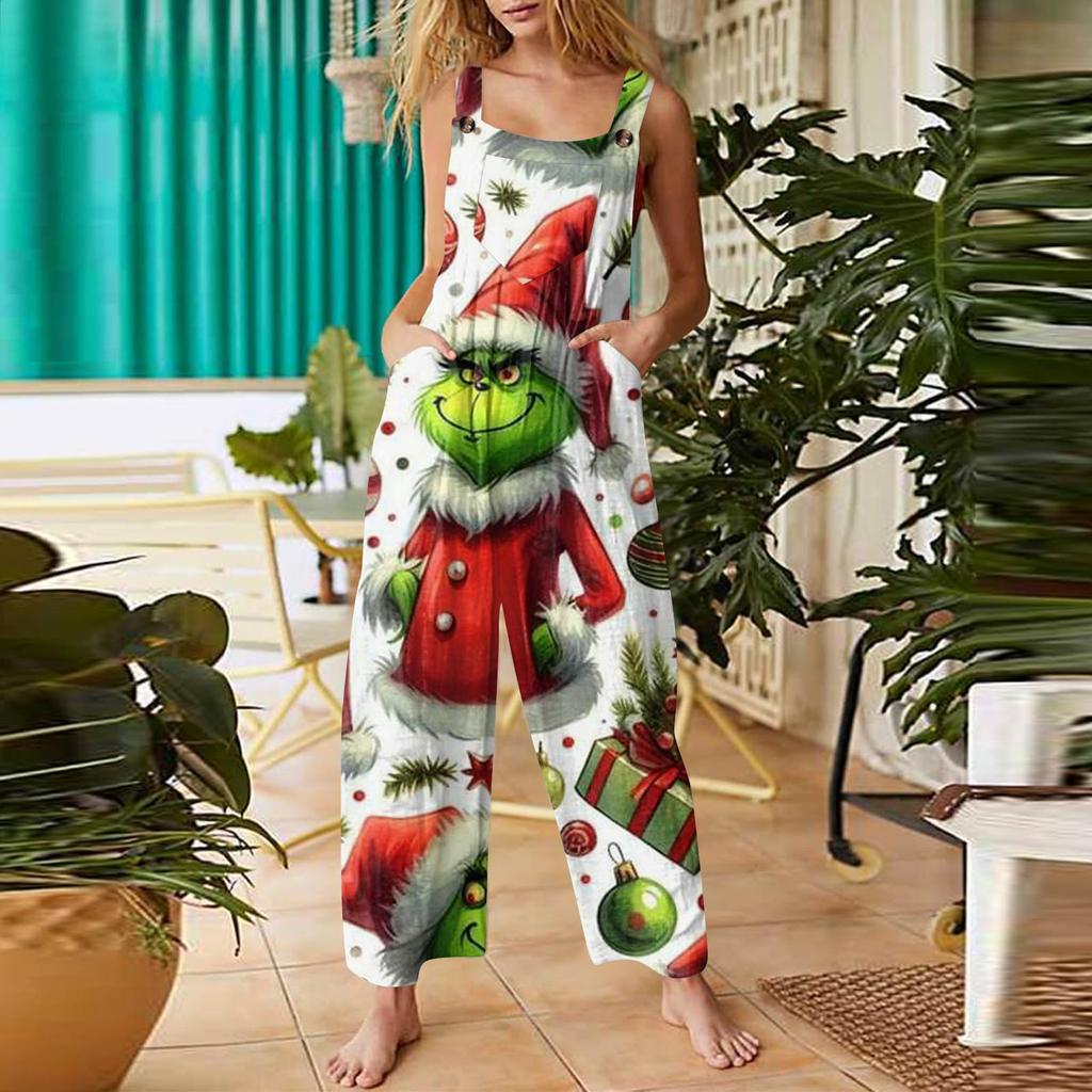 Women's Fashion Christmas  Print Casual Retro Sleeveless Button Jumpsuit