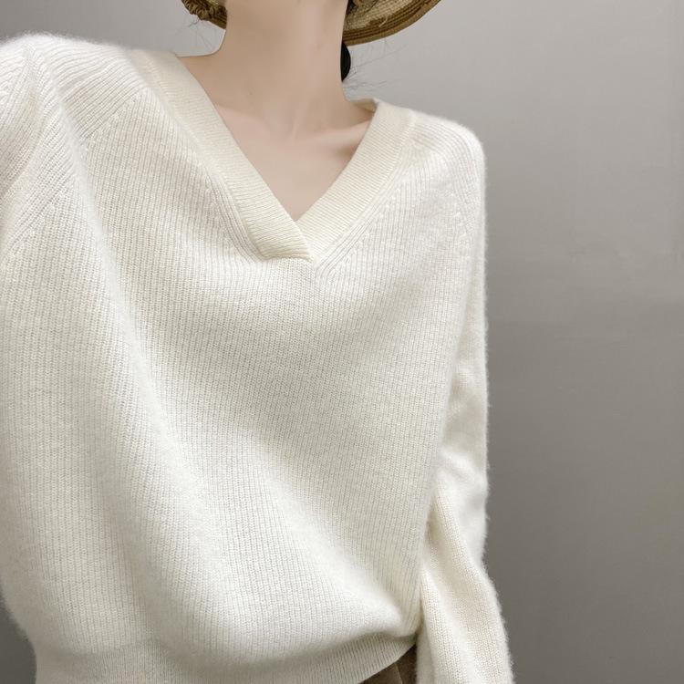 2025 Women's Autumn/Winter V-Neck Cashmere Sweater - Solid Color, Casual Loose Knit Top, Versatile Base Layer or Outerwear