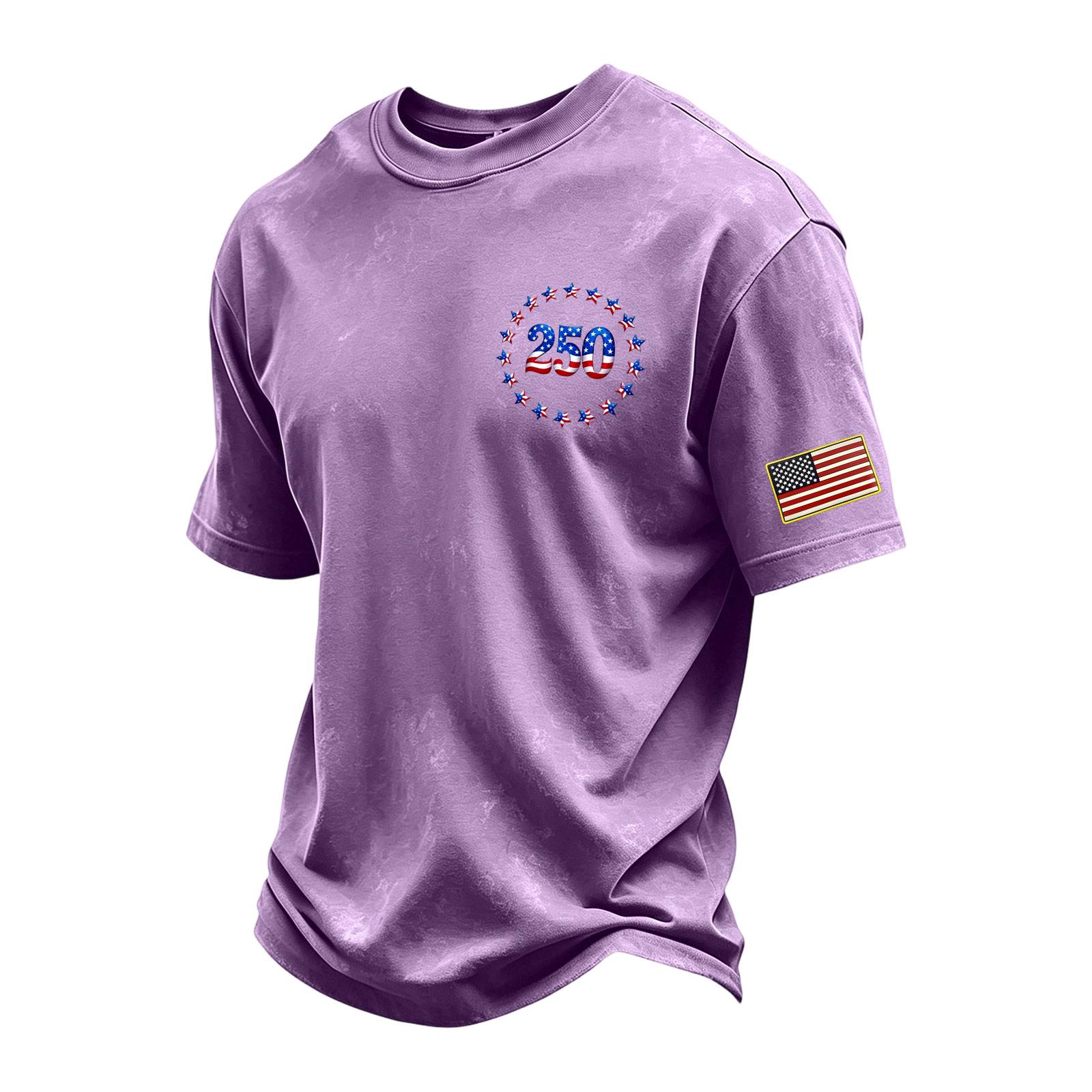 

Men s Vintage Washed Crew Neck Short Sleeve T Shirt with 250 Number and Star Print and Sleeve Flag Patch Casual Fit Cotton Tee XL фіолетовий