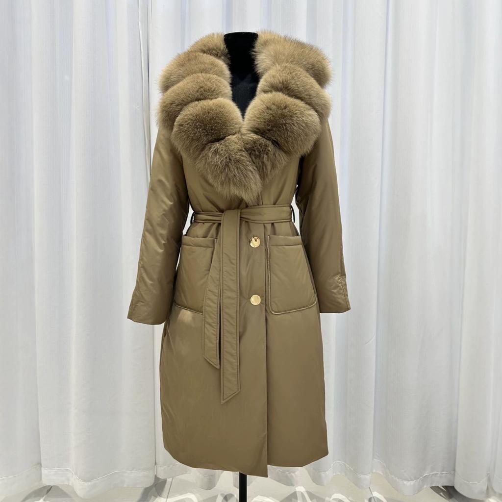 Autumn and Winter New Oversized Real Fox Fur Collar Down Jacket Women's Long Waist Strap-up Thin Thickened Warm Jacket