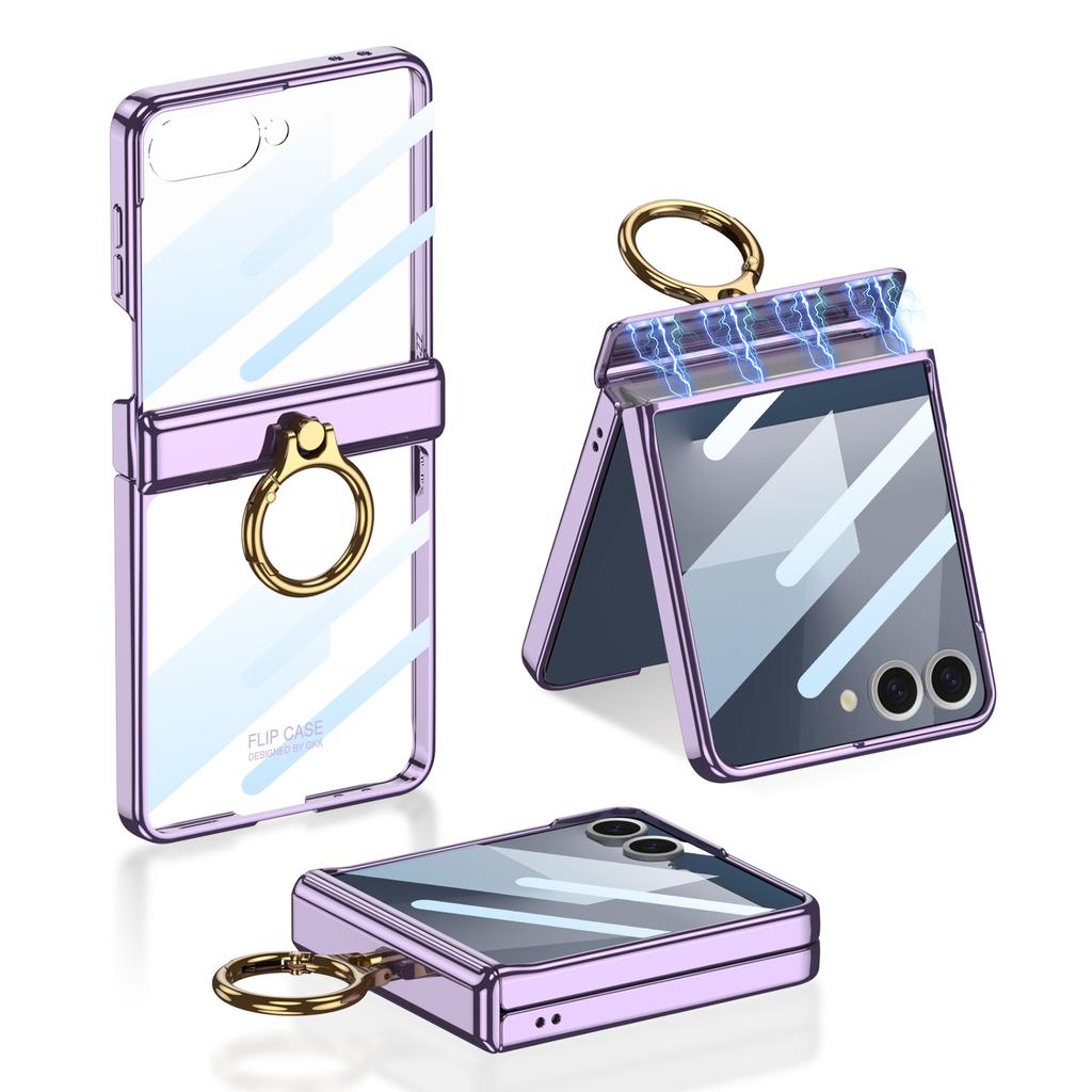 Luxury Plating Magnetic Hinge Case for Samsung Galaxy Z Flip 7 6 5 Screen Glass Ring Holder Hard Cover for Galaxy Z Flip7 Case