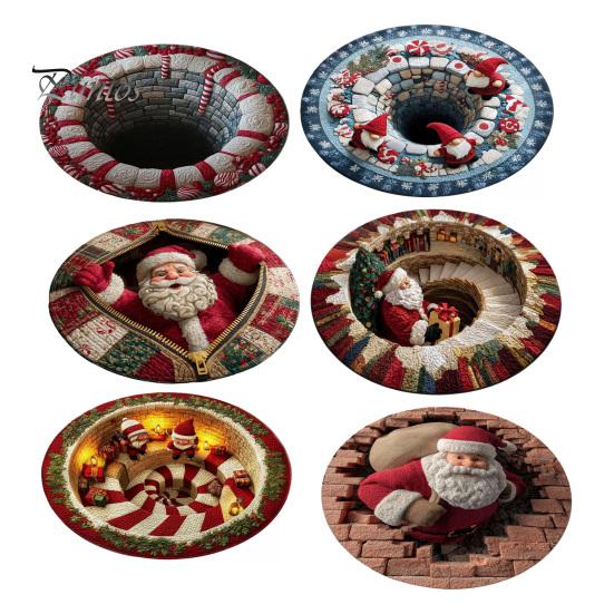 Holiday Gift for Home Christmas Round Area Rug, 3D Optical Illusion Floor Mat with Santa Candy Cane Seasonal Festive Covering Print, Non-Slip