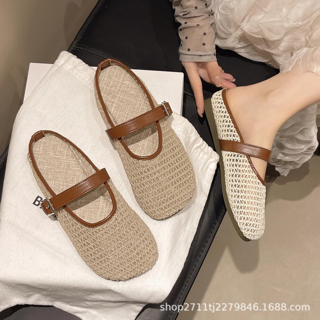 Baotou half slippers women's outer wear 2025 summer new breathable woven flat bottom pedal with skirt Roman sandals