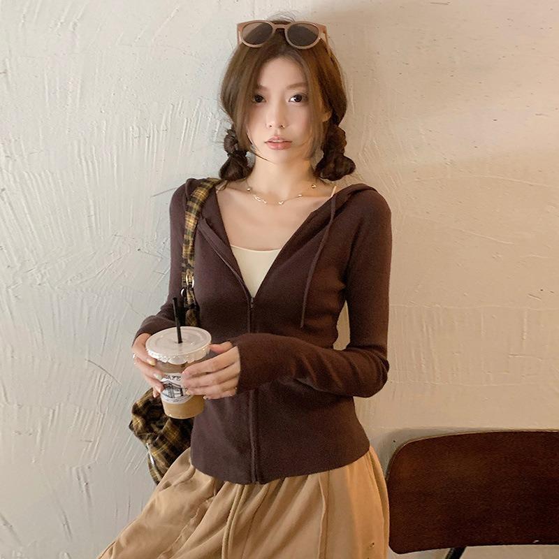 

Осенний белый вязаный кардиган-куртка с капюшоном для девочек, эластичный, приталенный, на молнии, с капюшоном, короткая куртка, вязаный свитер One size fits all [recommended 80-60kg] темно-коричневого