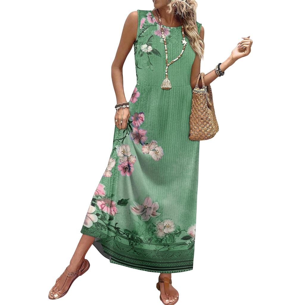 Ladies' Floral Print Casual and Fashionable Waist Cinched Sleeveless Dress