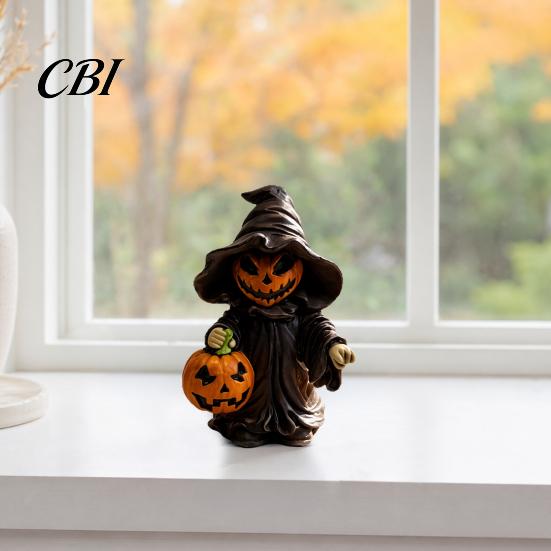 Halloween Pumpkin Ornament Witch Statue with Pumpkin, Cute in Pointed Hat & Black Robe, Resin Gothic Wizard Figurine Tabletop Decor for Desk