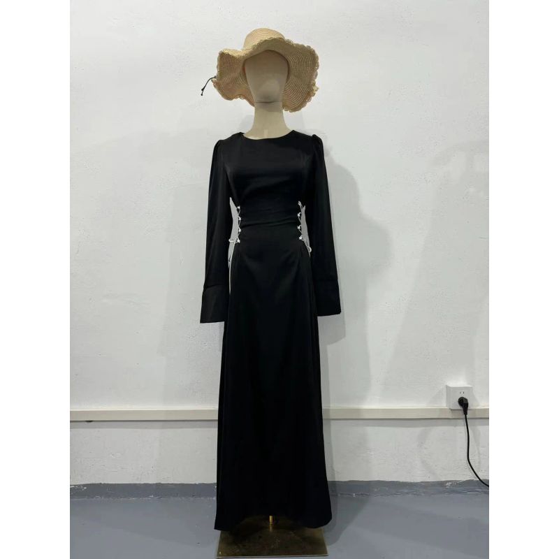 European Bell Sleeve Lace-up Design Sense Long Sleeve Waist Hugging Round Neck Dress Elegant Long Dress Women Dress2025