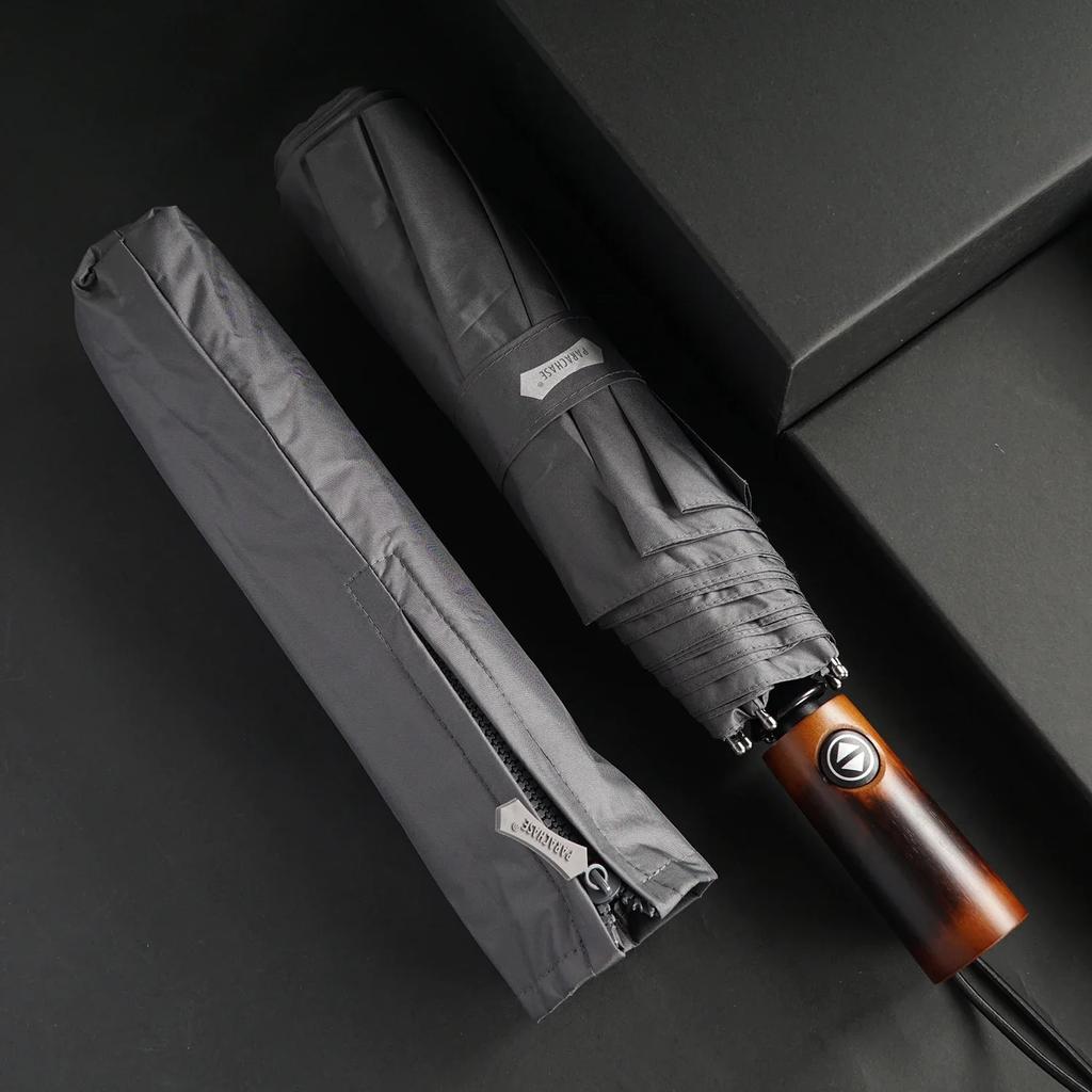 Wooden Automatic Umbrella for Men, Folding Large UV Umbrella Parasol, Sunshade Big Sun Umbrella Windproof, 8 Ribs,