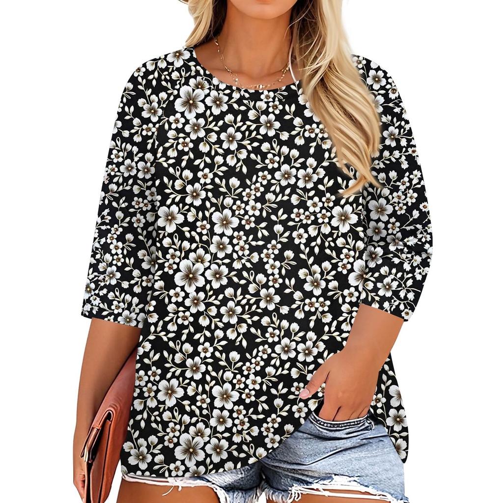 Women's Fashion Casual Print Round Neck 3/4 Sleeve T-Shirt Top