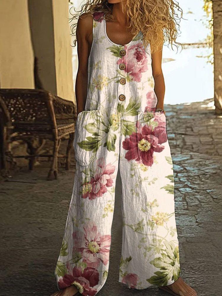 Damen Ärmelloser Jumpsuit mit Blumenmuster, Knopfleiste vorne und Seitentaschen