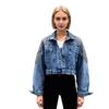 Womens Short Denim Jacket With Batwing Sleeves Rivet Embellished Relaxed Fit Washed Finish Fall 2025