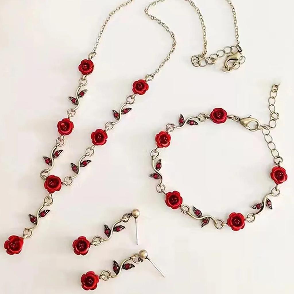 Set di Braccialetti Vintage con Fiore di Rosa Francese per Donna Stile Ins Europeo-Americano Personalità Temperamento Gioielli Rosa Rossa