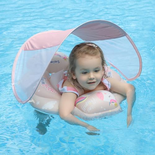 Baby Float, Kids' Swim Ring, with Removable Sunshade and Seatbelt, UV Protection SPF50+, Foot-In Swim Ring, for Outdoor Play, Travel, Summer Vacation,