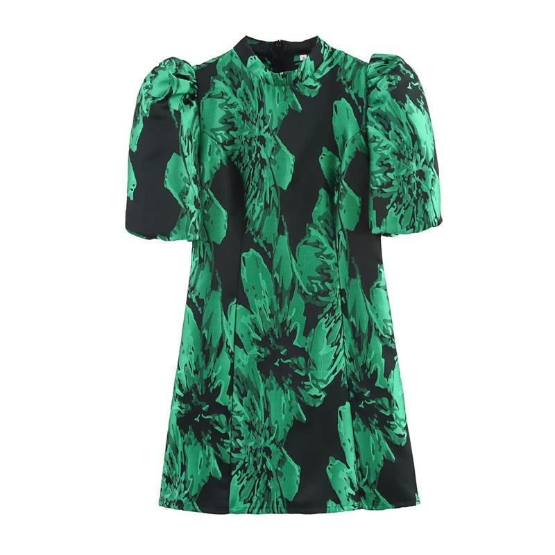 2025 Summer French Jacquard Puff Sleeve Mid-Length Women s Dress Medium зелёный