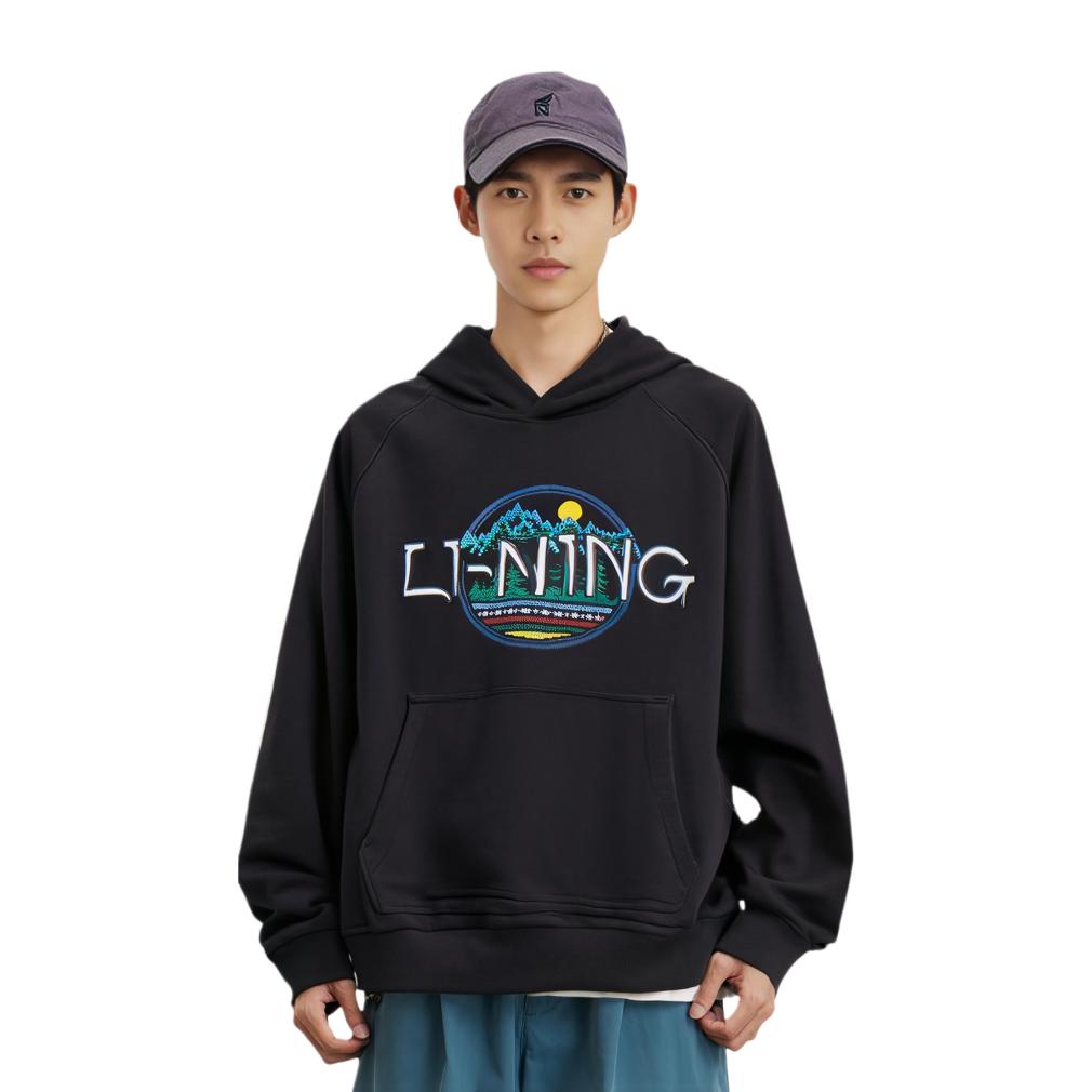 Li Ning Letter Embroidery Loose Pullover Hoodie Unisex hoodies Black AWDT257-1
