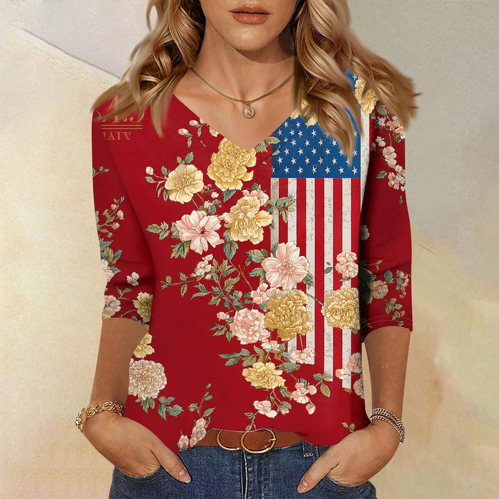 Womens V Neck Shirt 3 4 Sleeve Casual Loose Fit Floral Print Blouse Lightweight Comfortable Top for Everyday Wear