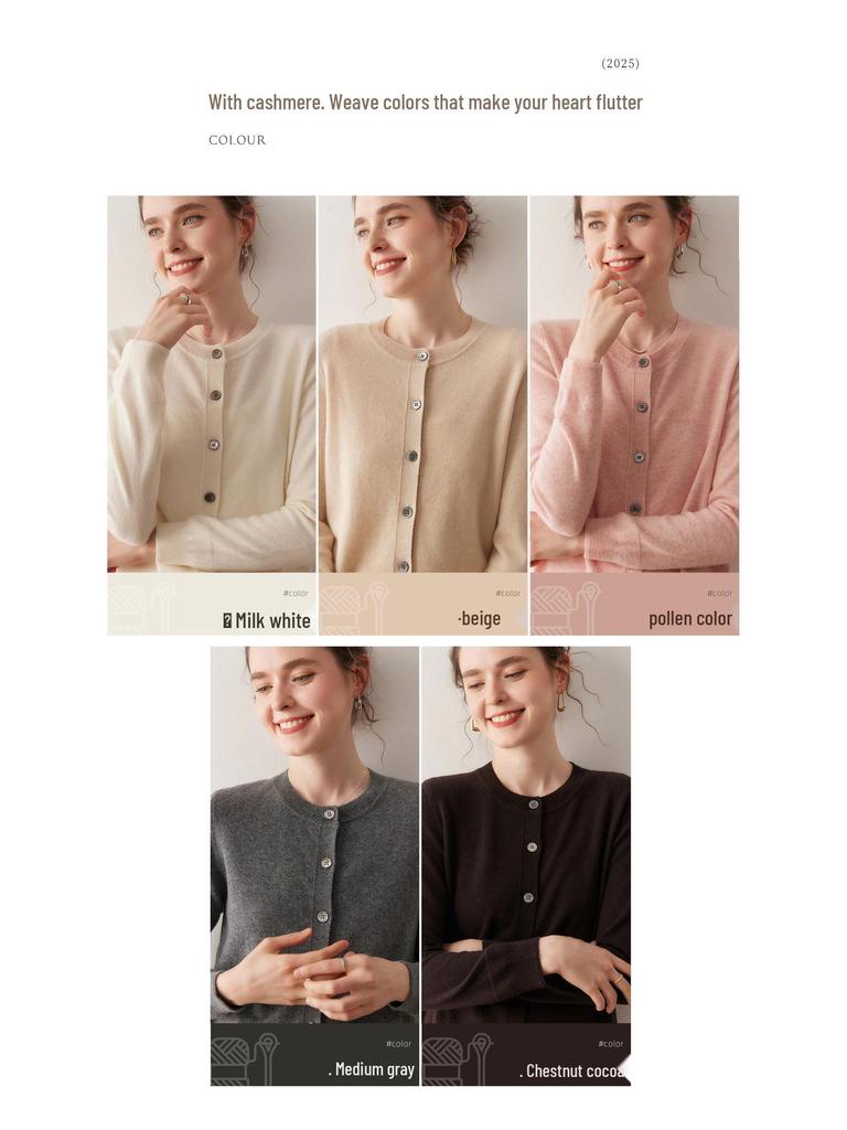 Autumn/Winter Pure Cashmere Women's Gray Round Neck Cardigan - Loose Knit Long Sleeve Sweater