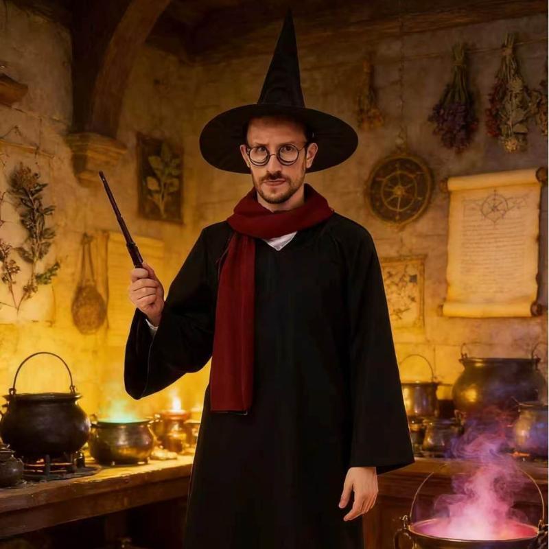 Halloween Wizard Costume Accessory Set Black Witch Hat Round Glasses Magic Wand Cosplay Props For Themed Party Fanc