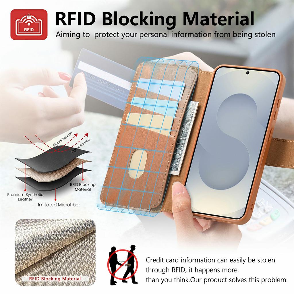 CASENEO MW-07 For Samsung Galaxy S25+ Magnetic Case RFID Blocking Wallet Stand Leather Phone Cover with Wristband