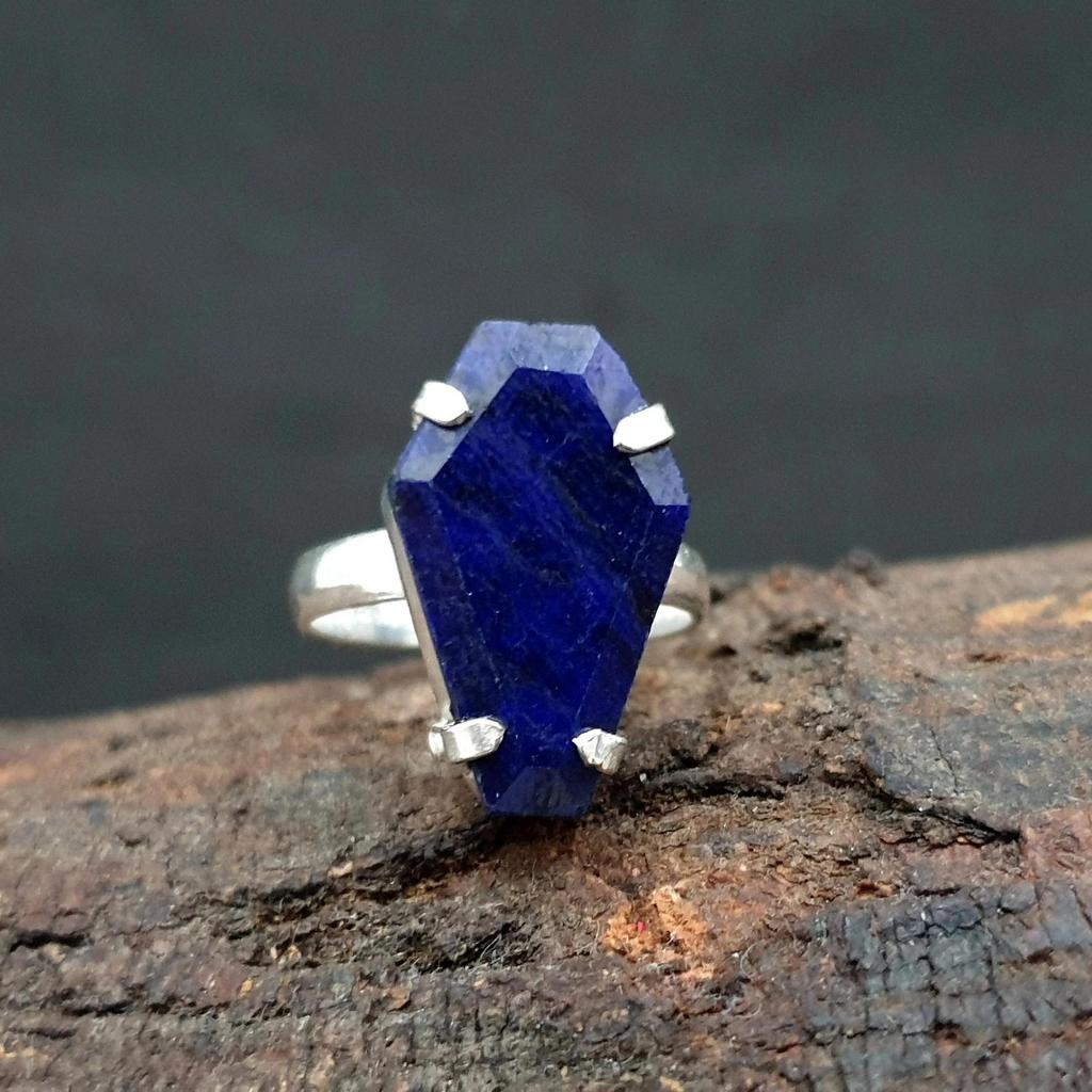 Coffin Shape Blue Sapphire 925 Sterling Silver Ring Jewelry, Unique Gift Handmade Ring