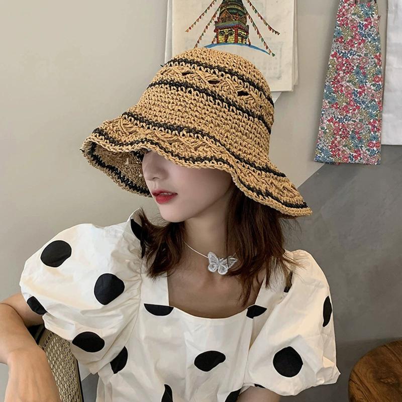 Striped Geometric Print Natural Straw Bucket Hats For Women Foldable Lightweight Sun Hatstravel & Vacation Essential