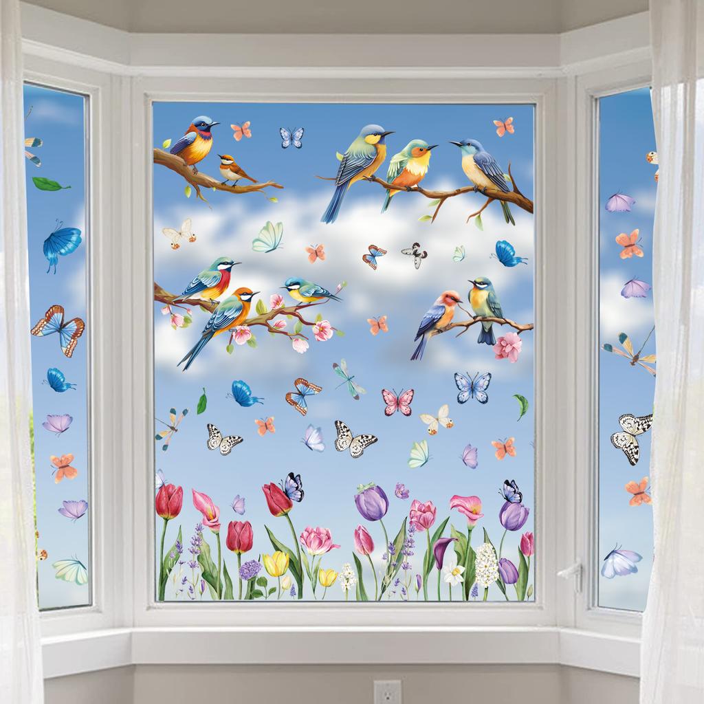 Spring Static Cling Window Stickers Cartoon Colorful Animals Tulips Flowers Living Room Wall PVC Glass Decals
