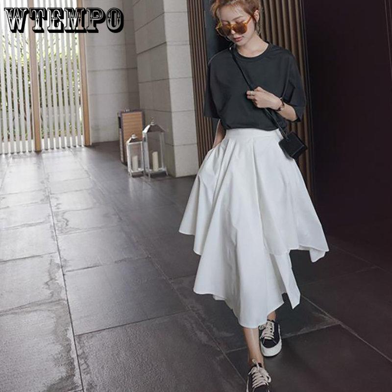 Japanese Gothic Irregular High Waist Pleated Skirts Women Black Harajuku Punk Cargo Skirt Summer Solid Casual Long Skirts