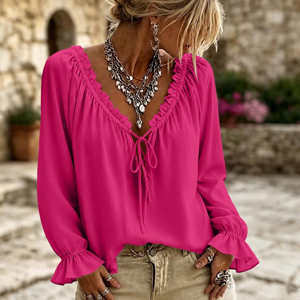 Women's Casual Solid-color Lace-trimmed Ruffled V-neck Bow-front Long-sleeve Blouse