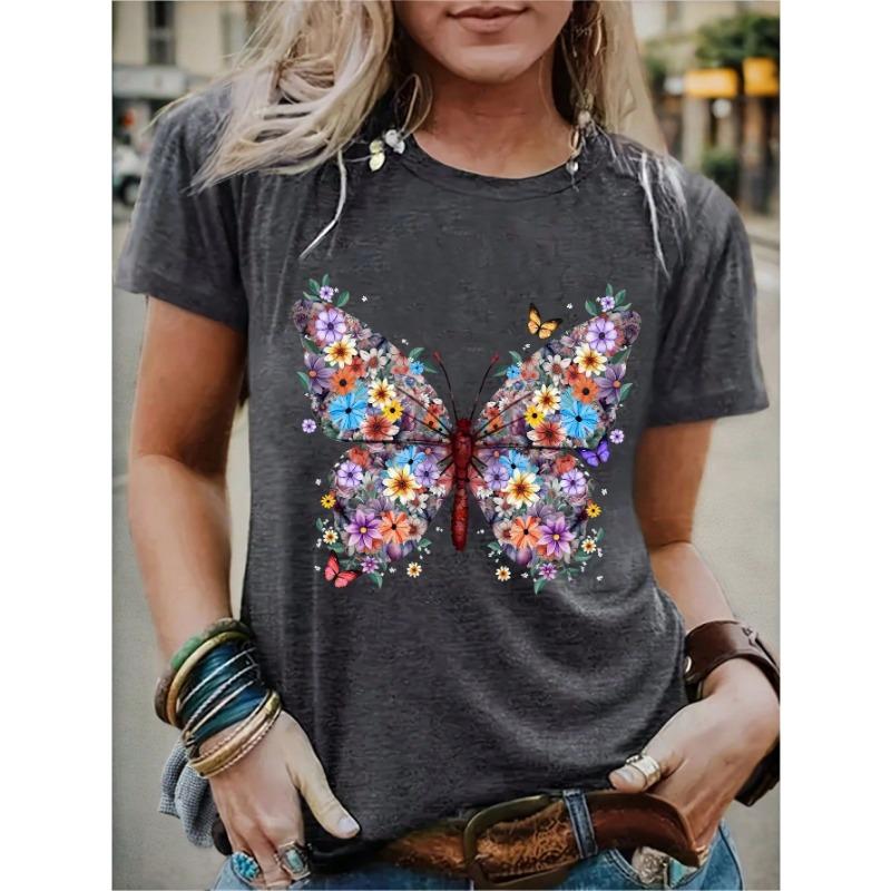 Summer Round Neck 3D Flowers Butterflies Dragonflies Pattern Print Top Fashionable Casual Short Sleeved Women's T-shirts