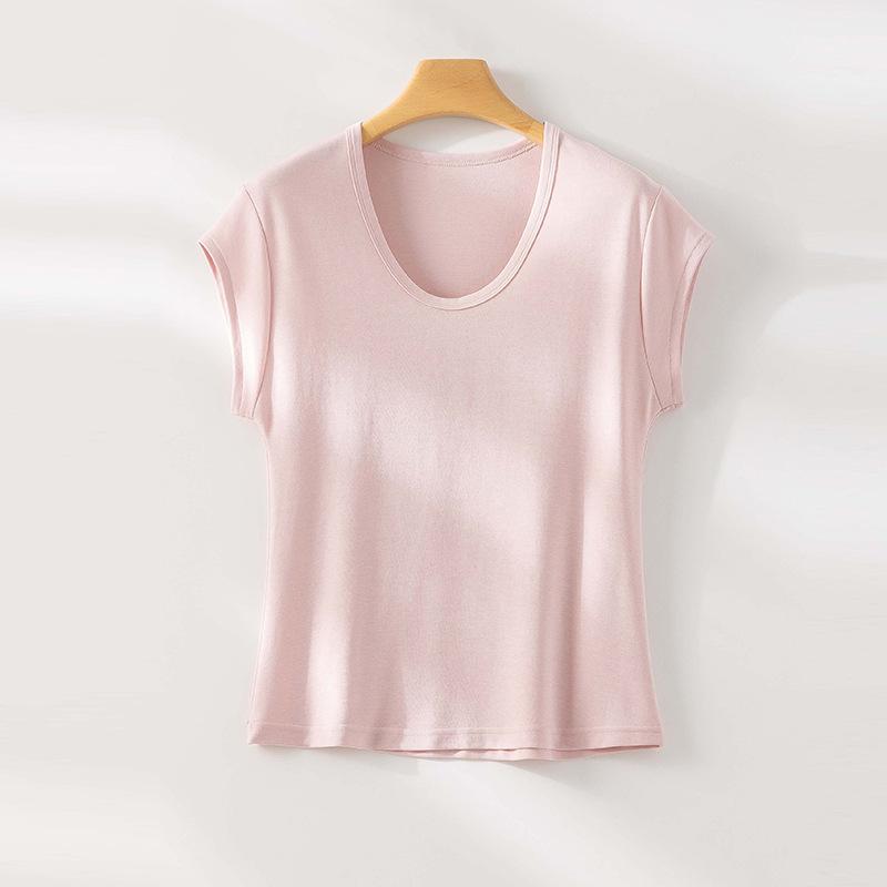 

Блузка с воротником-ключицей пастельных тонов и короткими рукавами, с базовой футболкой внутри, женский летний тонкий повседневный и тонкий вязаный свитер L розовый