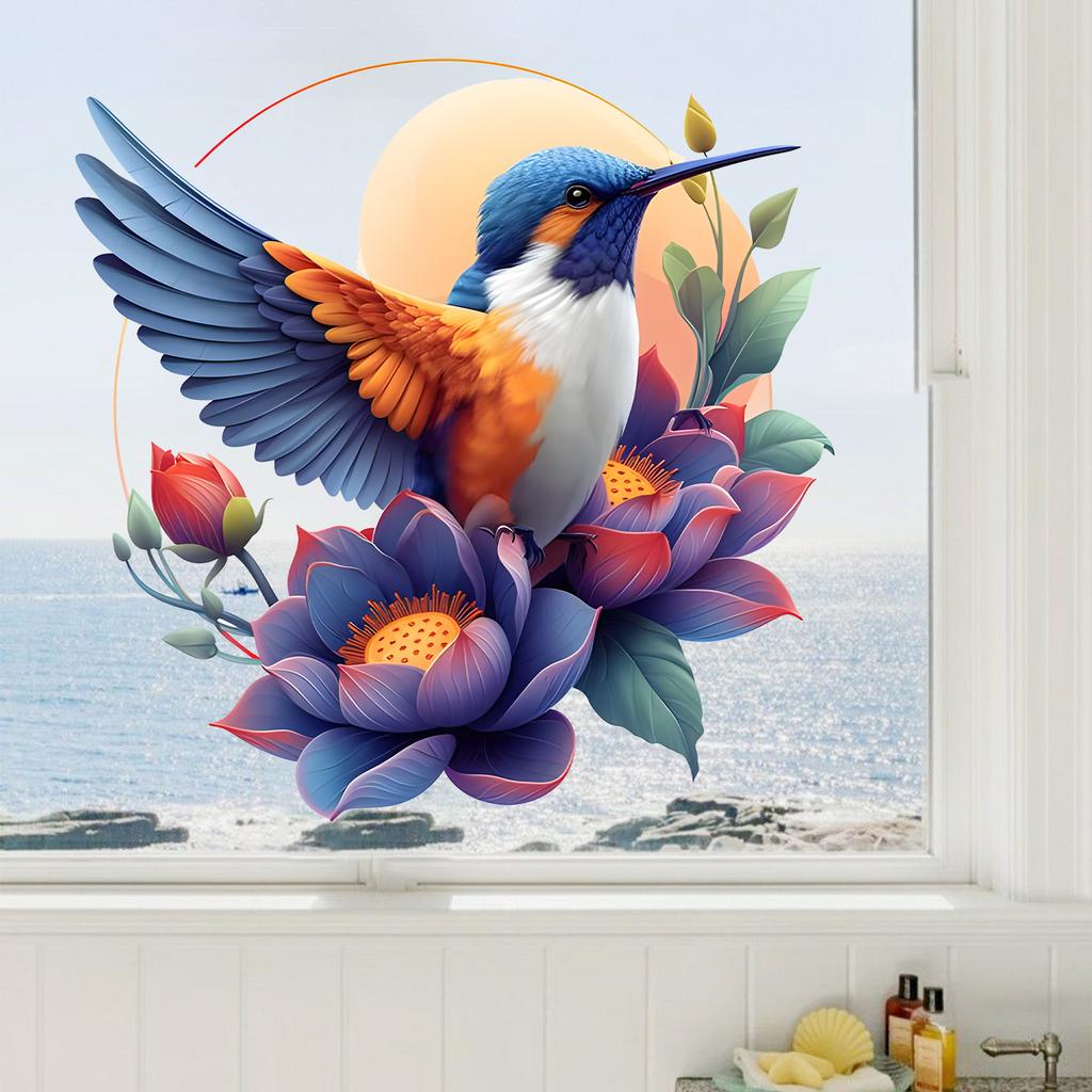 Kingfisher Lotus Pond Static Cling Window Sticker Removable Reusable for Bedroom Living Room Kitchen Glass Home Decor Art