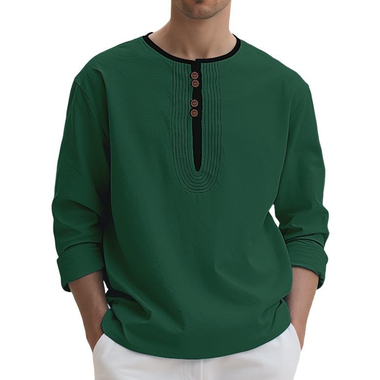 Henry collar European and American men's clothing solid color linen loose casual sports long-sleeved t-shirt