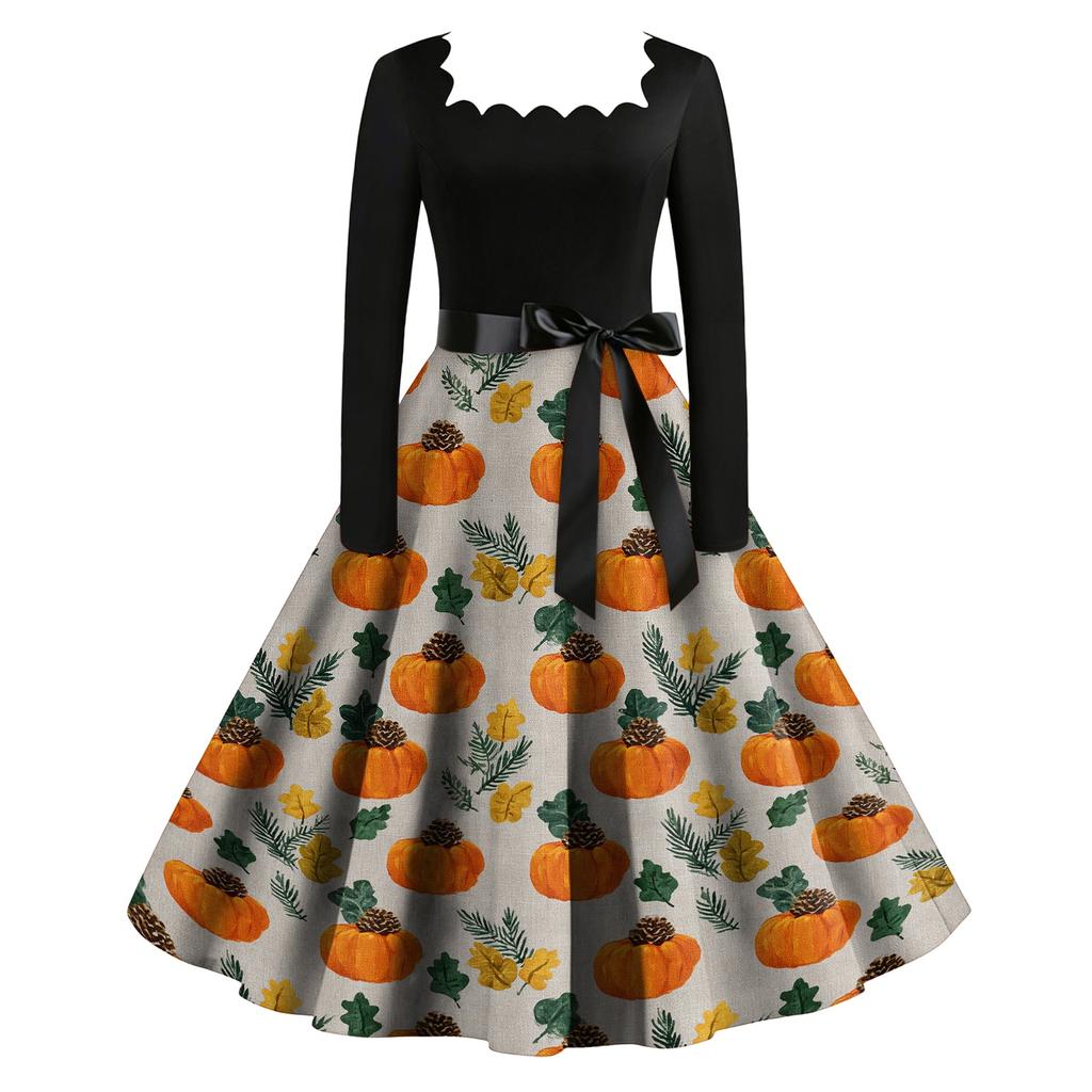 Women Vintage Long Sleeve Square Neck Halloween Print Party Dress Retro Style Full Skirt with Waist Tie Belt