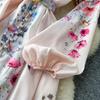 Spring Summer Fashion Vintage Flower Maxi Dress Women's Stand Collar Long Lantern Sleeve Single Breasted Floral Print Belt Slim Boho Dress
