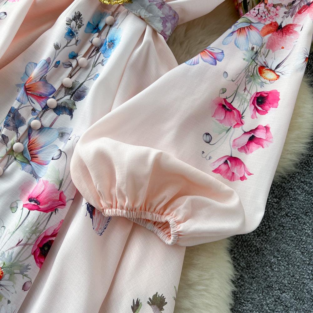 Spring Summer Fashion Vintage Flower Maxi Dress Women's Stand Collar Long Lantern Sleeve Single Breasted Floral Print Belt Slim Boho Dress