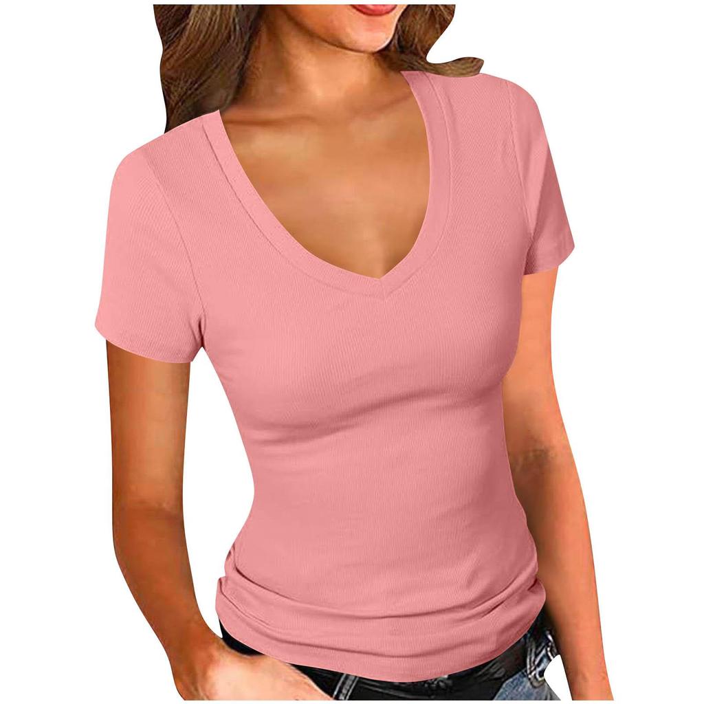2026 Sommer Damen Elegantes V-Ausschnitt Slim Fit Einfarbiges Kurzarm T-Shirt