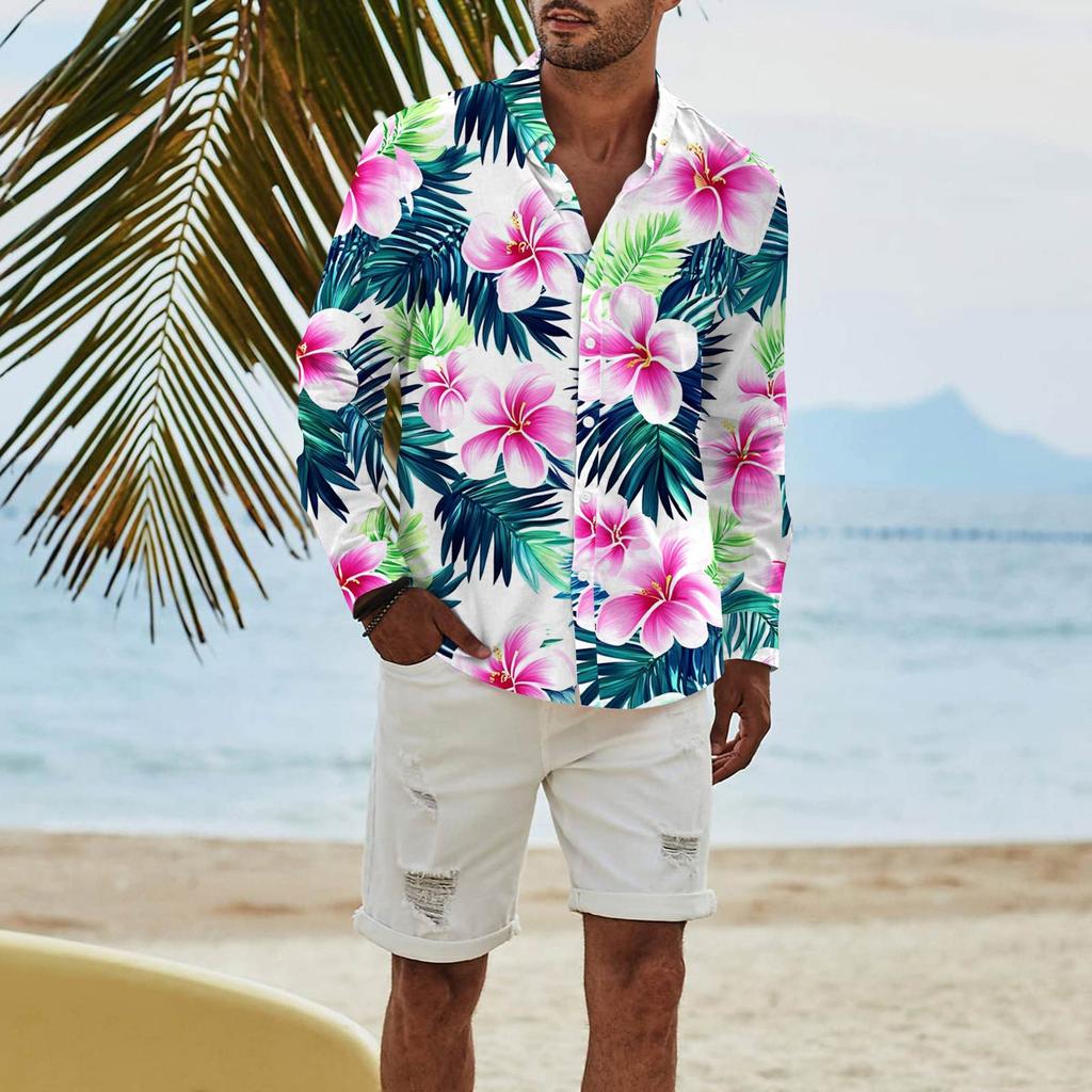 Men's Fashion Long Sleeve Printed Casual T Shirt Button Regular Fit Shirt Top