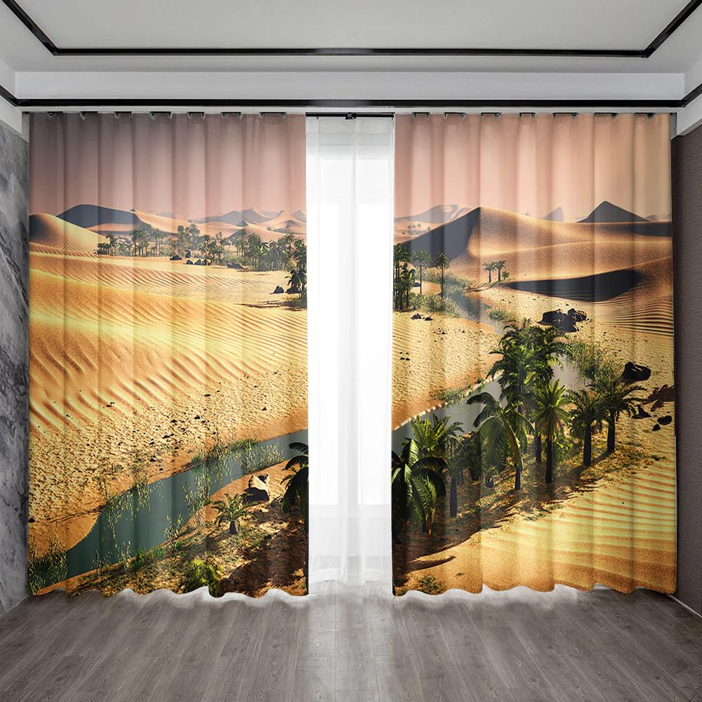 2PC Home Decoration Curtains, Desert Background With Pole Pocket Curtains, Kitchen, Coffee Shop, Living Room, Balcony, Garden
